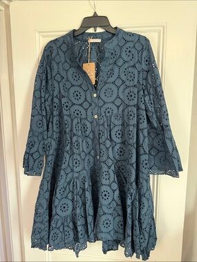 Blue Eyelet Tiered Cotton Dress - Lea & Luc, cotton made in Italy TGU